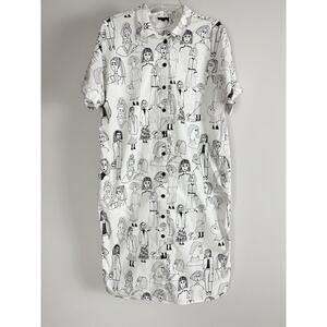 Solar Cartoon Sketch Print Shirt Dress Women’s 36 Small White Lady Dog